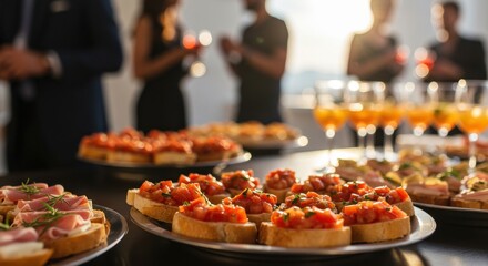 Appetizers and drinks served at a social gathering with people in the background