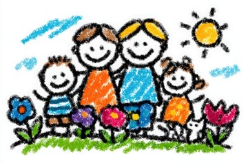 Four cheerful children, two boys and two girls, stand together in a vibrant garden filled with colorful flowers under a bright sun. They are smiling and dressed in casual clothes.