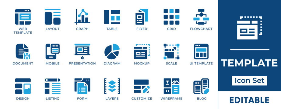 Template Icon Set. Features editable icons for layouts, documents, drafts, web templates, and forms. Perfect for UI, UX, presentations, websites, and print design.