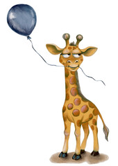 Giraffe holding a balloon in a watercolor style, perfect for children's decor or fabric prints