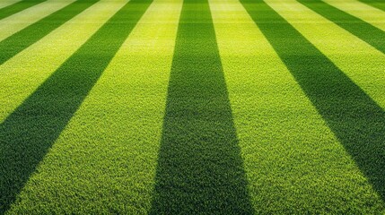 Vibrant green stripes of a perfectly manicured sports field under sunlight