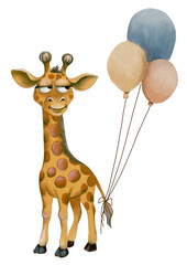 Giraffe holding balloons in a playful watercolor pattern design for textiles and packaging