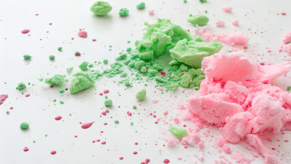 Colorful crushed bath bombs with green and pink hues isolated on transparent background