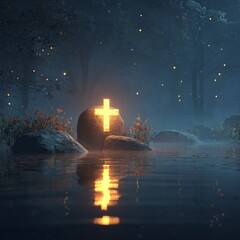 Hyper-realistic metallic cross on river rock, partially submerged with water flowing over, glowing under moonlight in a serene setting.

