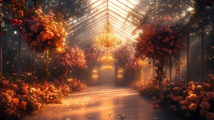 Fairytale inspired wedding decor card featuring a glass tent chandeliers and cascading floral arrangements A soft mist surrounds the venue adding a dreamy and ethereal ambiance