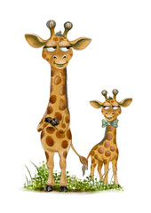 Playful giraffes with quirky expressions standing on grassy background in colorful watercolor style