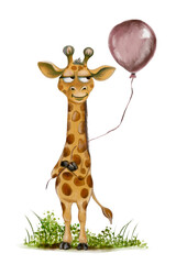 Fun giraffe holding a balloon against a clean white background with playful elements