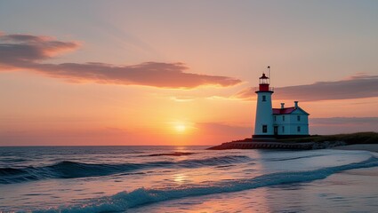 A tranquil scene at sunset with a lighthouse standing tall at the edge of the water