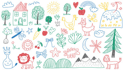 Cute Linear Style Elements – Sun, Heart, Frog, Turtle, Strawberry, Flower, Crown and Star for Kids Art and Graphic Design