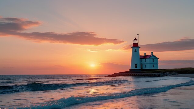 A tranquil scene at sunset with a lighthouse standing tall at the edge of the water