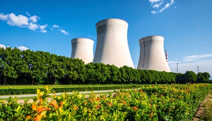 Nuclear power plant with cooling towers surrounded by nature on a sunny day