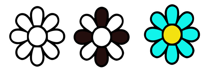 Three stylized flower designs in black and white and turquoise.