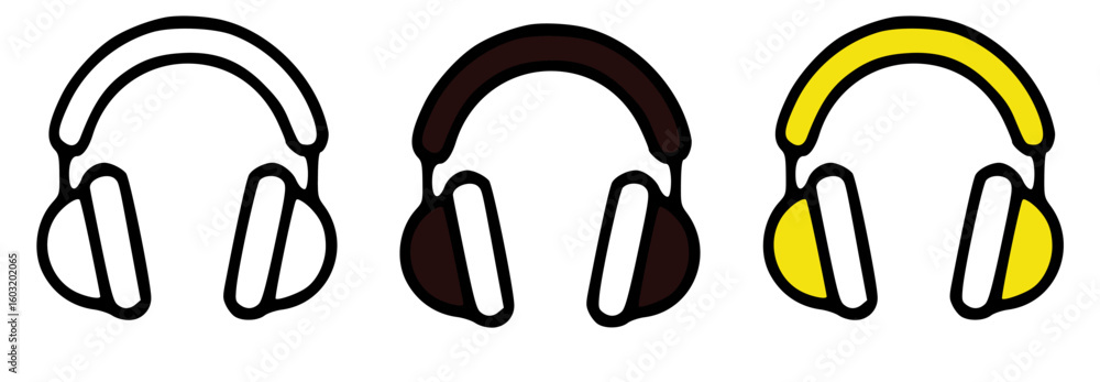Poster three different colored headphone icons arranged in a row.