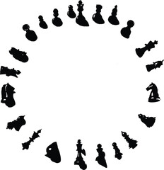 Black-and-White Vector Illustration of Circular Chess Icon Ring – 13-Item Symbolic Game Silhouette Set