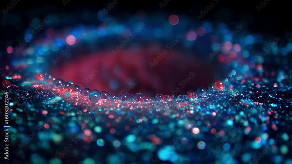 Aufkleber innovative dark surface covered in sparkling glitter and droplets reflects red and blue light, creat