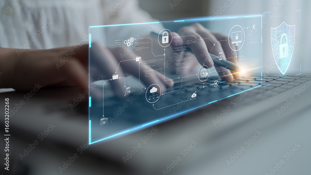 Poster cyber security protects against breaches, hacks, and network attacks using strong infrastructure and