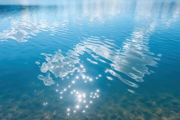 Tranquil water surface reflecting clouds and sunlight, creating a serene atmosphere with sparkling reflections and gentle ripples in the water
