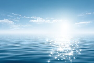 Serene ocean view with sparkling water surface reflecting sunlight under a clear blue sky, creating a tranquil and peaceful atmosphere