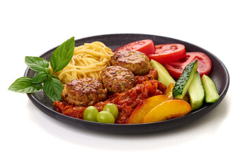 Meatballs, Spaghetti, Tomato Sauce and Vegetable Salad, isolated on white background