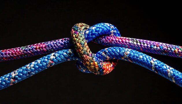 Close-up of colorful ropes knotted together