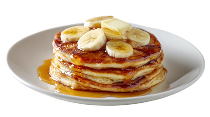 Stack of Pancakes with Banana Slices and Syrup Plate