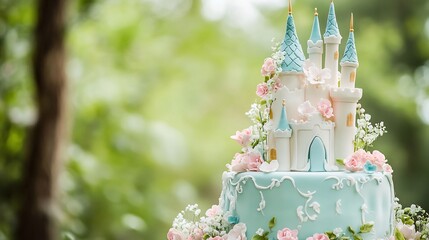 Fairytale themed wedding cake with castle shaped tiers and floral garlands delicate fondant details and pastel icing creating a magical storybook feel for the occasion
