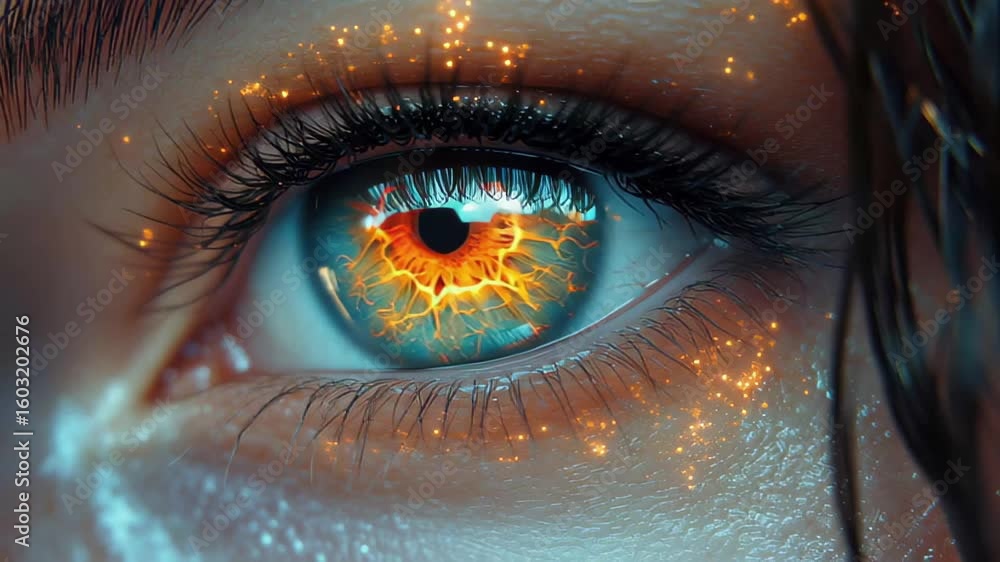 Aufkleber eye with glowing effect showcasing fiery colors and intricate details in a close-up view