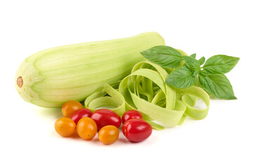 Zucchini Ribbon with Basil and Tomatoes, isolated on white background