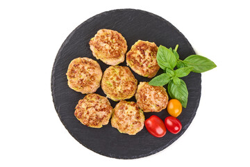 Fried Meat Patties with Basil and Tomatoes, isolated on white background