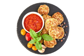 Fried Chicken Patties with Tomato Sauce, isolated on white background