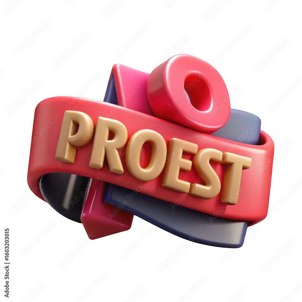 Poster 3d proest text on a red ribbon with abstract shapes isolated on transparent background