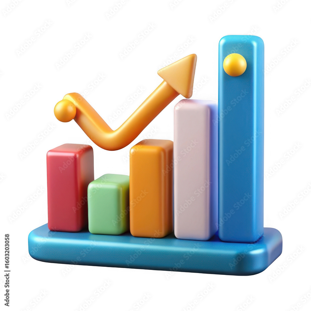 Poster 3d bar chart with upward arrow showing growth and success isolated on transparent background