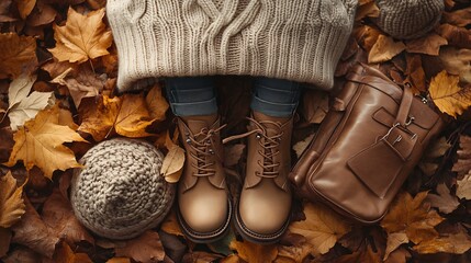 Fall fashion spread featuring stylish ankle boots with cozy sweaters leather bags and autumn leaves scattered around for a seasonal look