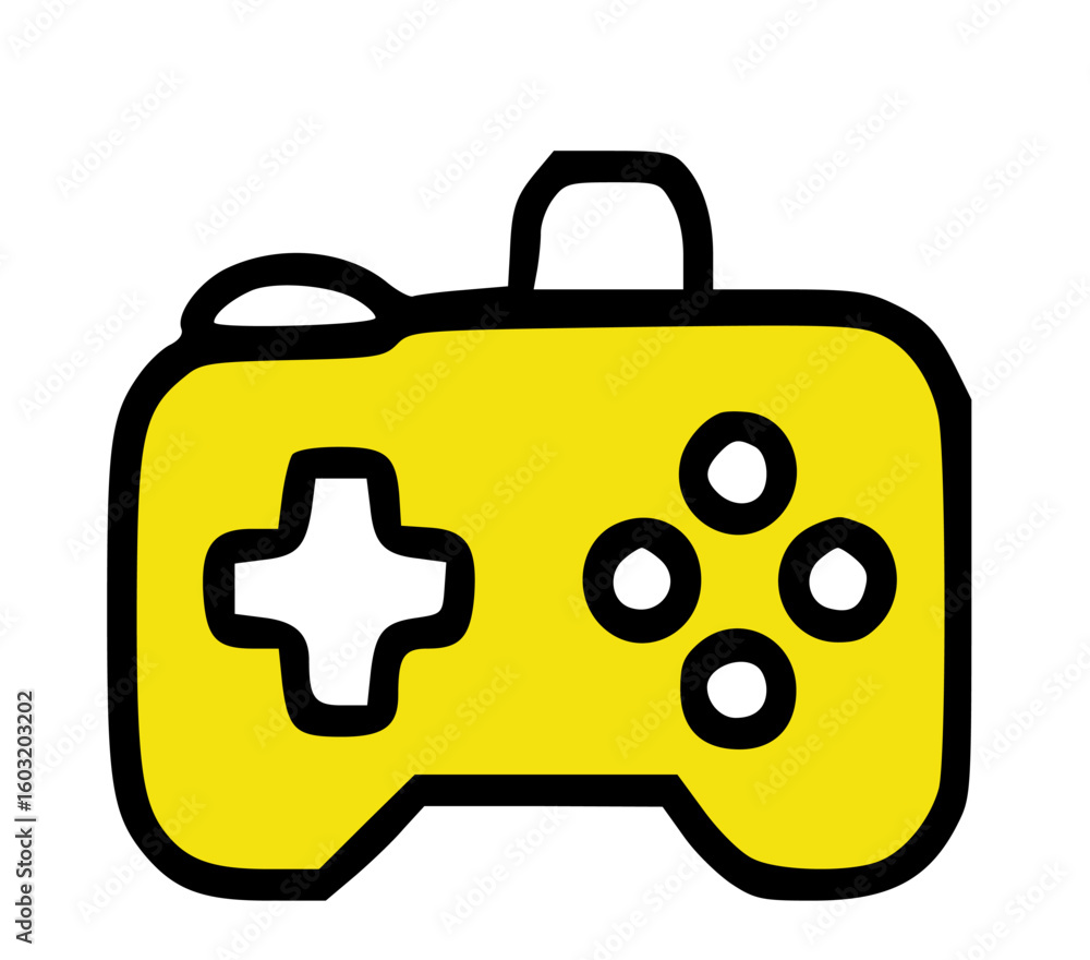 Poster yellow game controller icon with black outline, featuring directional pad and buttons.