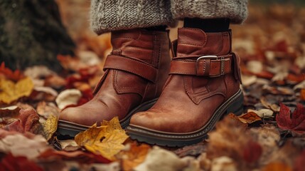 Fall fashion spread featuring stylish ankle boots with cozy sweaters leather bags and autumn leaves scattered around for a seasonal look