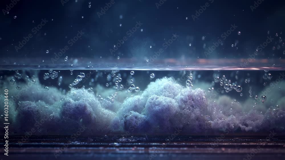 Poster innovative chemical reaction forming foam and bubbles underwater, creating a mesmerizing abstract vi