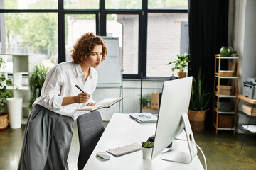 Creative businesswoman engaged in work at a vibrant modern office space during summer