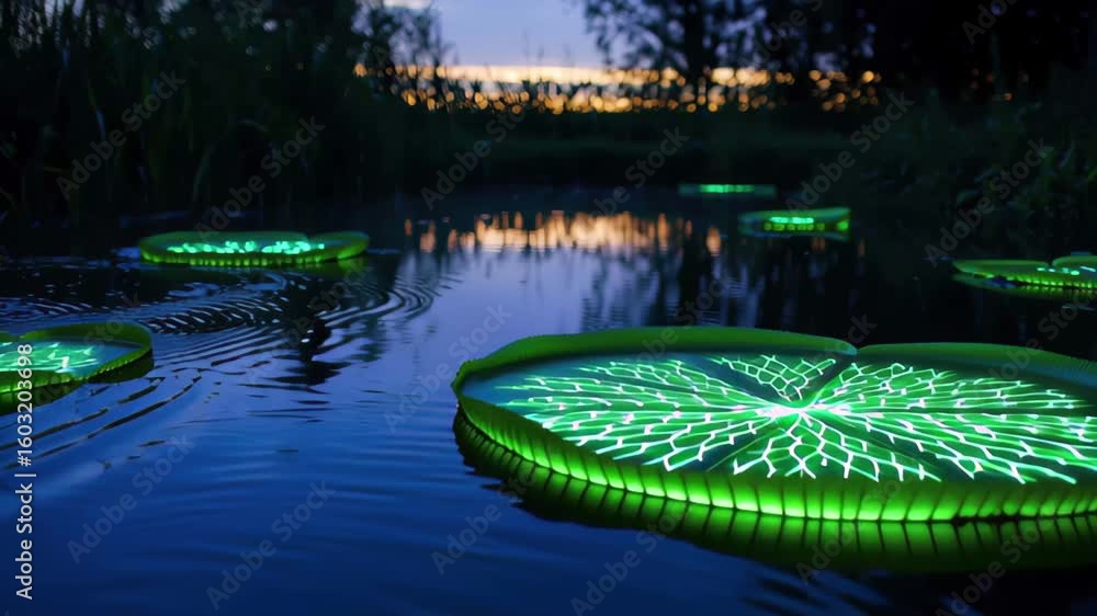 Poster illuminated lily pads float on tranquil water during dusk in a serene natural setting