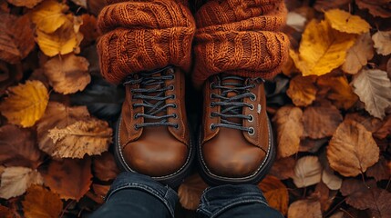Fall fashion spread featuring cozy knitted scarves leather boots and warm toned sweaters set against a backdrop of autumn leaves