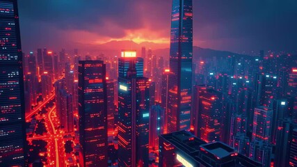 Vibrant city skyline illuminated at night with digital data overlay showcasing urban technology integration - Powered by Adobe