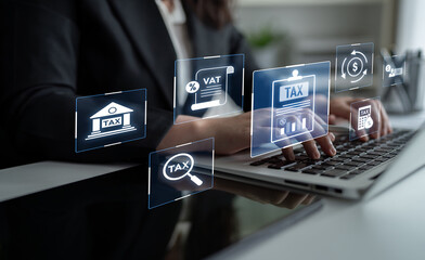 Financial regulation and tax compliance concept showing tax document, VAT, transaction flow, and...
