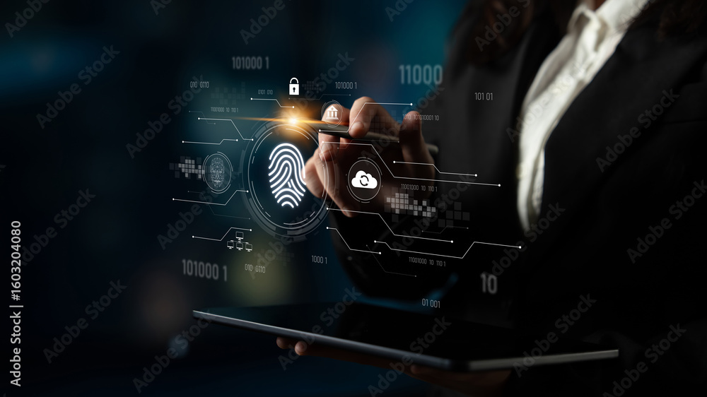 Poster biometric fingerprint identification and cybersecurity system ensuring secure access, identity verif