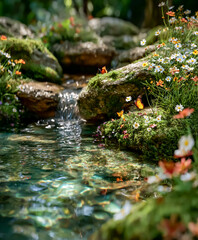 Fototapeta premium Garden Waterfall Flowing into Mossy Pool with Flowers