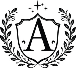 Black-and-White Vector Illustration of Heraldic Crest with Laurel & Stars – 1-Item Emblem Silhouette