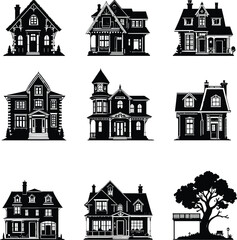 Black-and-White Vector Illustration of House Styles Grid – 9-Item Architectural Silhouette Set