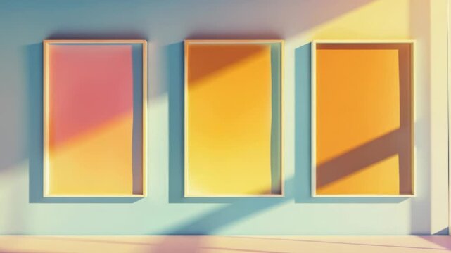 Three empty picture frames hang on a wall in a room, waiting for photos to be added