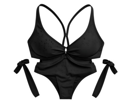 swimsuit laid flat with water droplets on the fabric surface