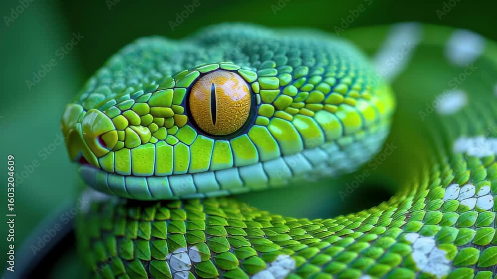 Poster vibrant green tree python resting on foliage in a tranquil rainforest setting during daylight