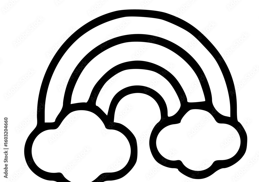 Poster a simple line drawing of a rainbow arching between two fluffy clouds.