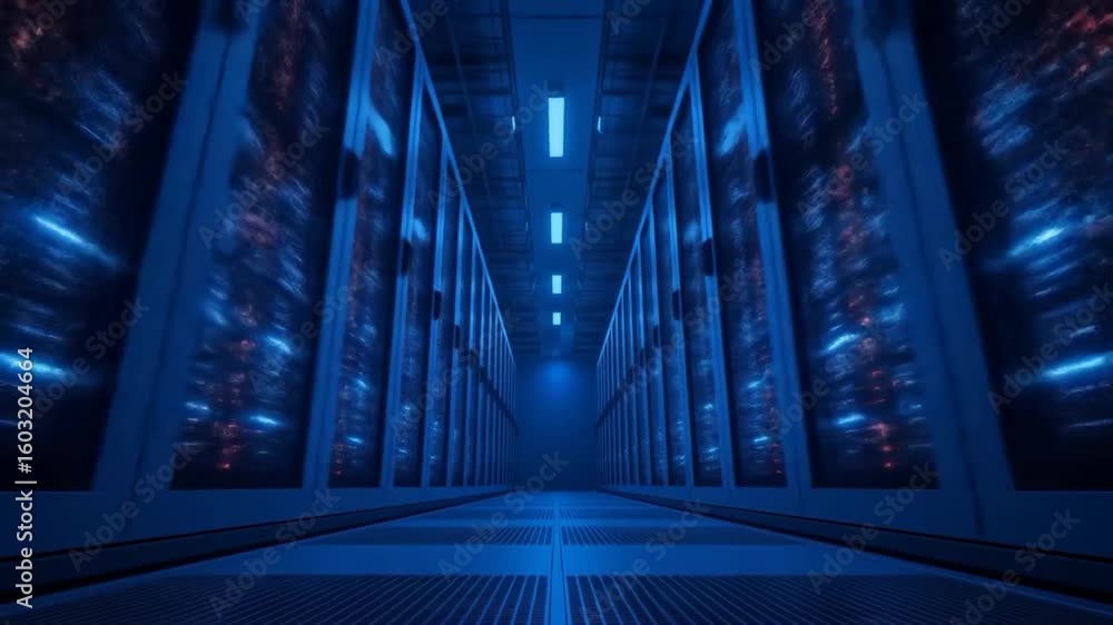 Poster server room walkthrough: data center with blue lighting and rows of rack mounted servers